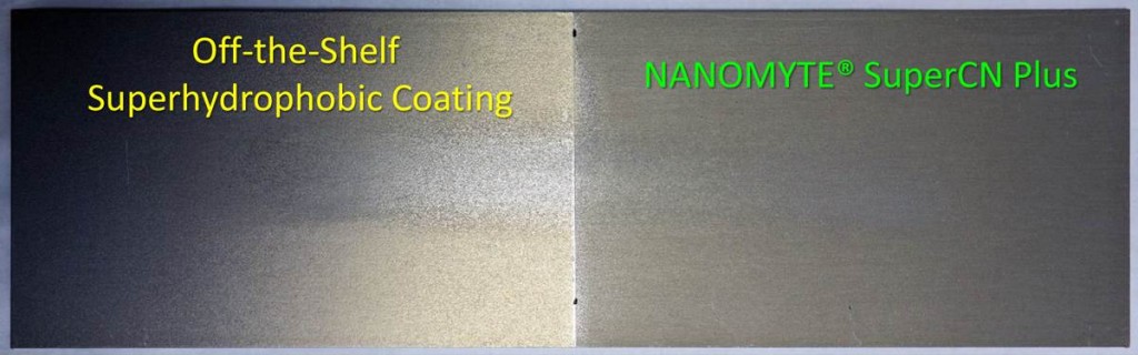 Both panels above were coated with superhydrophobic coatings and subjected to equal abrasion conditions. The panel on the left (commercial coating) shows abrasion marks, while the panel on the right (SuperCN Plus) shows no visible signs of wear.